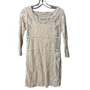 Express Womens S Ivory Sheer Lace Embroidered Dress w Under-slip 3/4 Sleeve